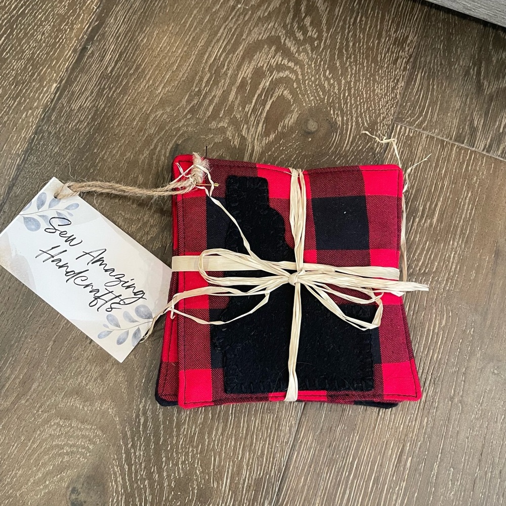 Red and black buffalo check wool appliquéd Idaho Plaid Coaster set of 4